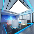 5G Exhibition Hall With Modern Tech Display Booths And Blue Lighting