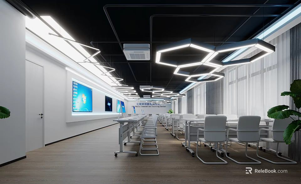 Modern Conference Room Interior with Long Tables Chairs Display Screens Hexagonal Lights And Wooden Flooring 3d model 