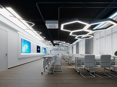 Modern Conference Room Interior with Long Tables Chairs Display Screens Hexagonal Lights And Wooden Flooring 3d model