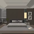 Modern Bedroom Interior With Wooden Walls Large Bed Window Seat Green Plants And Decorative Paintings