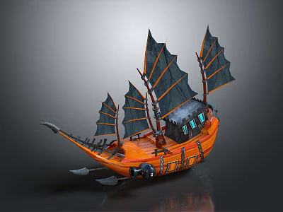 Wooden Boat With Multiple Black Sails Orange Hull Oars And Blue Windows Design 3d model