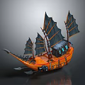 Wooden Boat With Multiple Black Sails Orange Hull Oars And Blue Windows Design