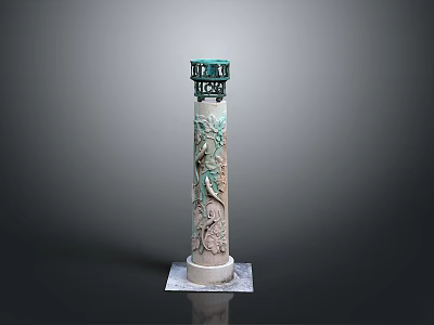 Intricate Dragon Sculpture Carving On Tall Column With Green White Details And Square Base 3d model