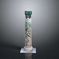 Intricate Dragon Sculpture Carving On Tall Column With Green White Details And Square Base