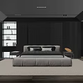 Modern Double Bed with Plush Headboard Soft Bedding Pillows and Bedside Lamp on Beige Rug