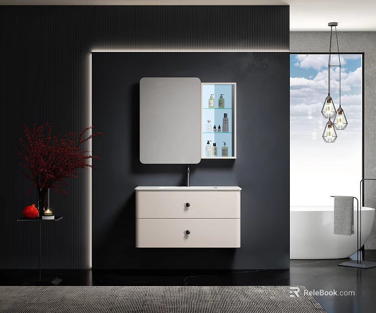 Modern Bathroom Vanity Unit With Mirror Storage Cabinet And White Countertop On Black Wall 3d model 