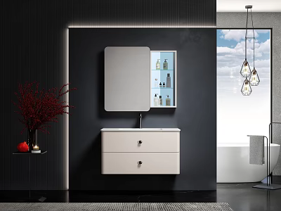 Modern Bathroom Vanity Unit With Mirror Storage Cabinet And White Countertop On Black Wall 3d model