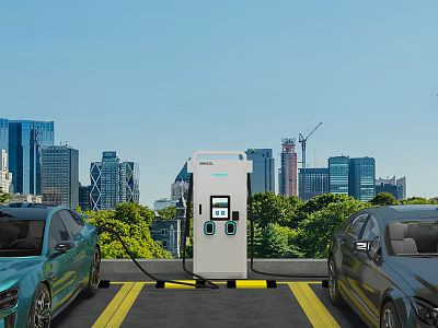 Urban Parking Lot With EV Charging Station Parked Cars And Green Trees 3d model