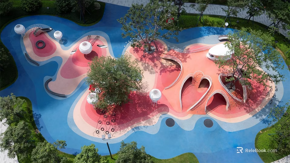 Colorful Outdoor Children's Playground With Blue Pink Flooring Trees And Hole Designs 3d model 