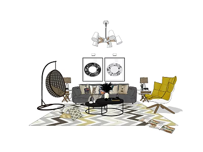 Stylish Living Room Interior Featuring Sofa Coffee Table Set Wall Art Chandelier And Accent Chair 3d model