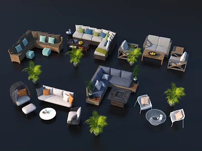 Various Styles Outdoor Sofa with Coffee Tables Plants and Matching Furniture in Outdoor Relaxation Area 3d model