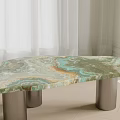 Luxurious Green Blue Veined Marble Coffee Table With Modern Metal Legs In Living Room