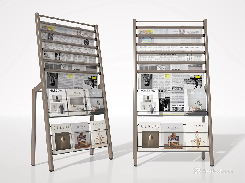 Modern Standing Bookshelves With Metal Frame And Multiple Shelves Displaying Magazines And Newspapers 3d model 