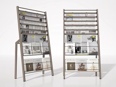 Modern Standing Bookshelves With Metal Frame And Multiple Shelves Displaying Magazines And Newspapers 3d model