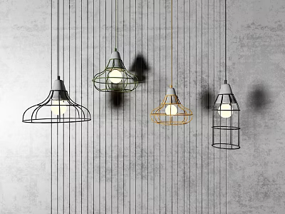 Modern Pendant Lights With Metal Cage Design In Green Yellow Black Hanging Over Gray Concrete Wall 3d model