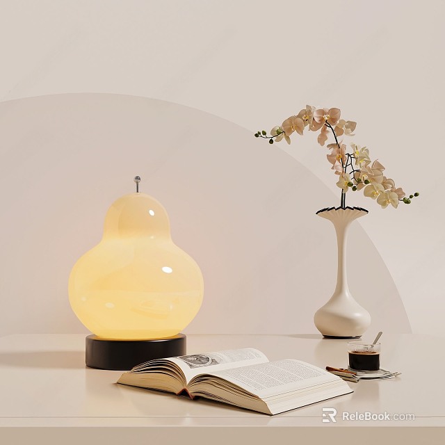 Decorative Amber Gourd Shaped Table Lamp With Orchid Vase Open Book And Coffee 3d model 
