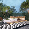 Courtyard Garden Design With Lush Greenery Seating Area Checkerboard Flooring And Ambient Lighting