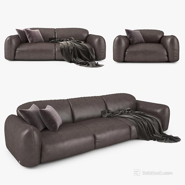 Modern Leisure Sofa Set With Dark Brown Leather Pillows And Throw Blanket 3d model 