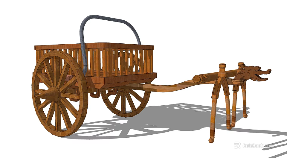 Wooden Horse Carriage With Large Spoked Wheels And Open Cart Structure 3d model 