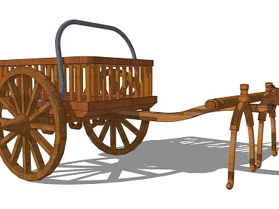 Wooden Horse Carriage With Large Spoked Wheels And Open Cart Structure 3d model