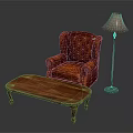 Red Leather Tufted Armchair With Wooden Coffee Table And Floor Lamp