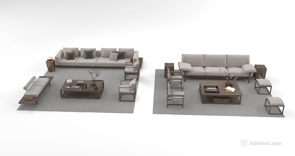 Modern Sectional Sofa Set With Armchairs Coffee Table And Neutral Toned Pillows 3d model