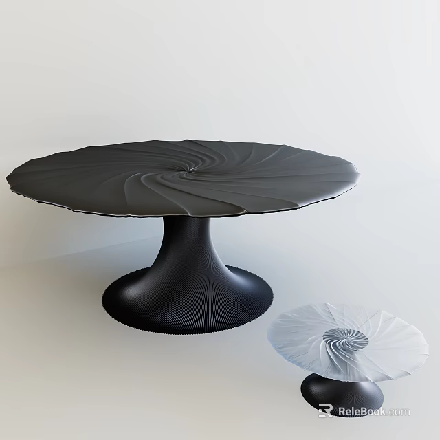 Black Round Dining Table With Spiral Patterned Tabletop Black Base And White Accent Tray 3d model