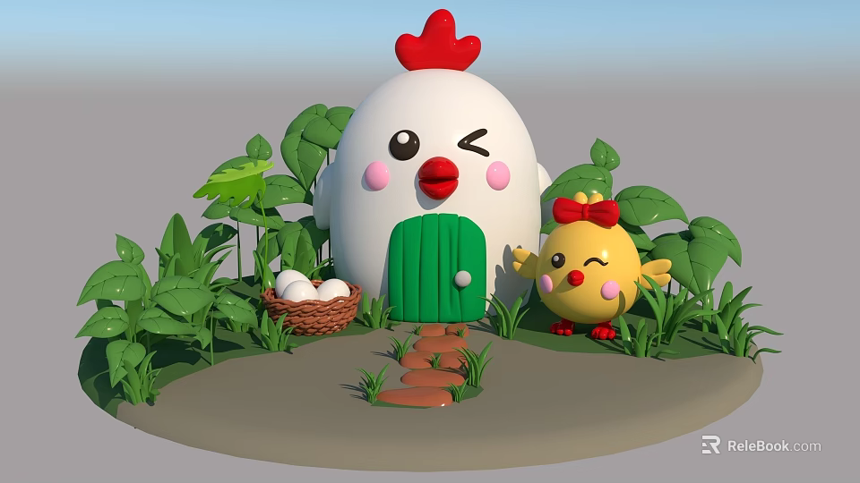 Cartoon Chicken Shaped House With Green Door Little Yellow Chick Egg Basket And Green Plants 3d model 