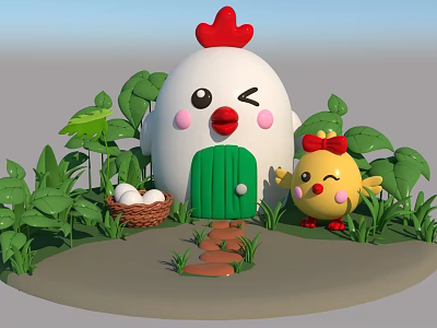 Cartoon Chicken Shaped House With Green Door Little Yellow Chick Egg Basket And Green Plants 3d model