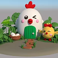 Cartoon Chicken Shaped House With Green Door Little Yellow Chick Egg Basket And Green Plants