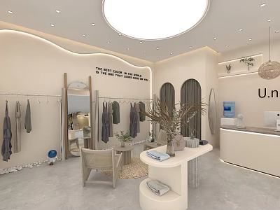 Minimalist Clothing Store Interior With Clothes On Racks Display Table Mirror And Plant Decor 3d model