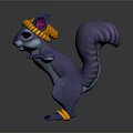 Cartoon Squirrel Character With Purple Blue Body Yellow Knitted Hat And Ankle Bands Outstretched Arms