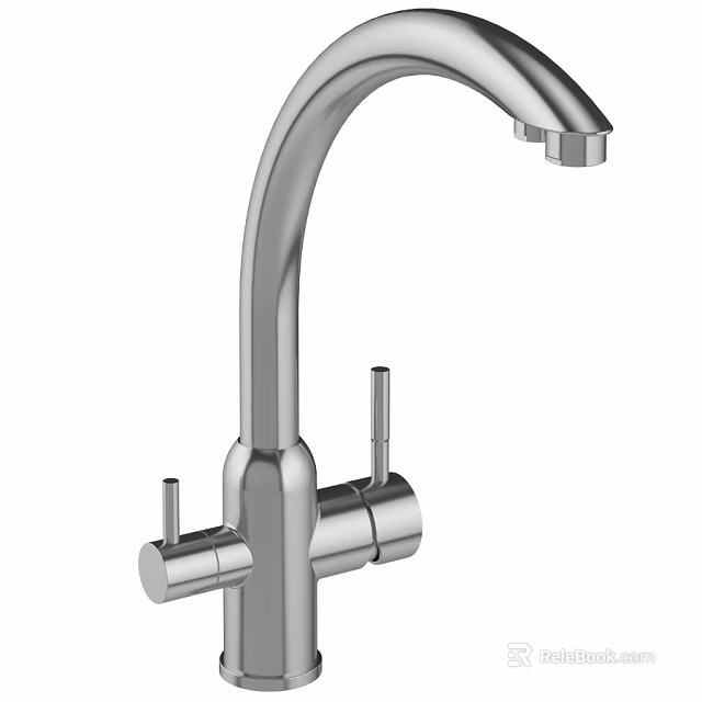 Modern Stainless Steel Double Handle Faucet with Sleek Curved Spout Design 3d model 