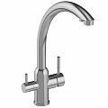 Modern Stainless Steel Double Handle Faucet with Sleek Curved Spout Design