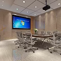 Modern Conference Room With Long Wooden Table White Office Chairs Projection Screen And Ceiling Lights