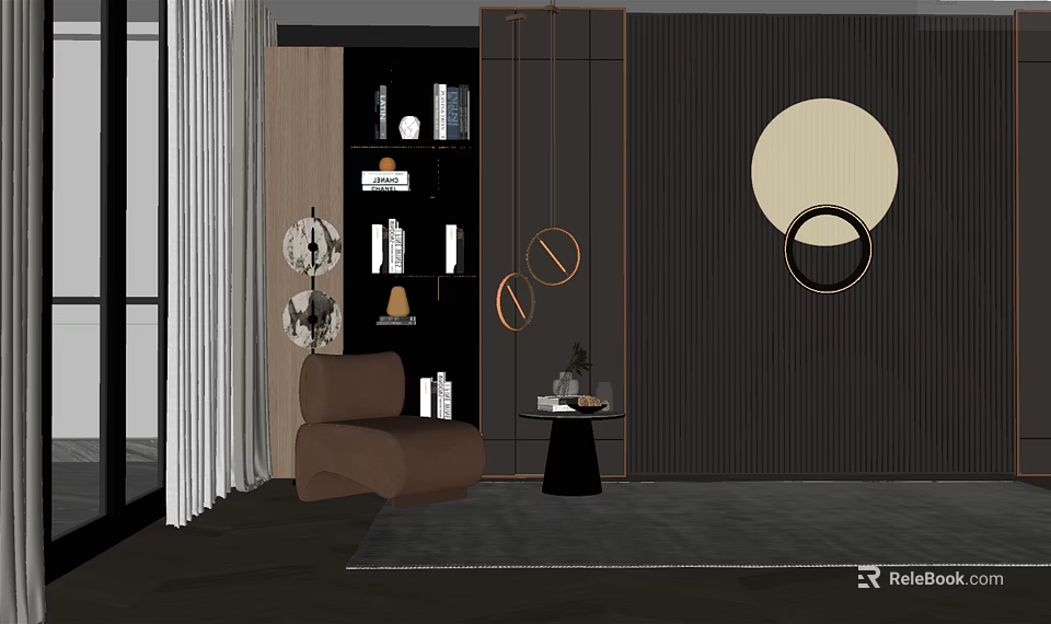 Modern Brown Single Sofa With Side Table And Dark Wall Round Decoration 3d model