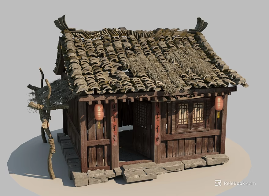 Traditional Ancient Chinese Building Featuring Wooden Structure Tile Thatched Roof Red Lanterns And Stone Steps 3d model 