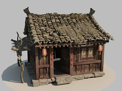 Traditional Ancient Chinese Building Featuring Wooden Structure Tile Thatched Roof Red Lanterns And Stone Steps 3d model