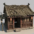 Traditional Ancient Chinese Building Featuring Wooden Structure Tile Thatched Roof Red Lanterns And Stone Steps