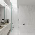 Modern Bathroom Interior With White Marble Walls Glass Shower Towel Rack Double Vanity And Mirror