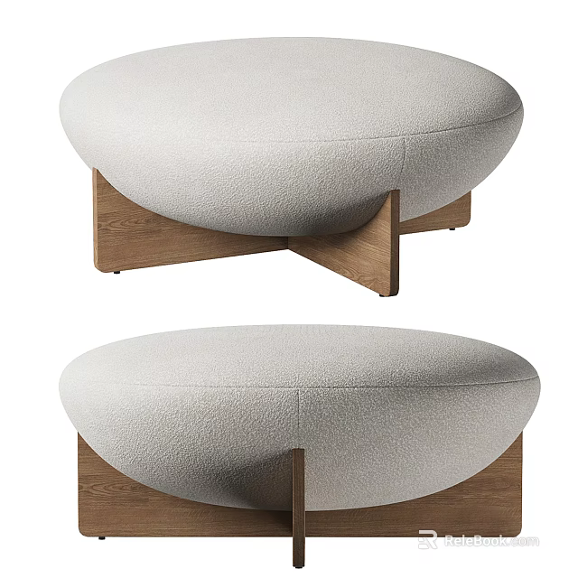 Modern Light Fabric Sofa Stool With Wooden Base And Round Shape Design 3d model