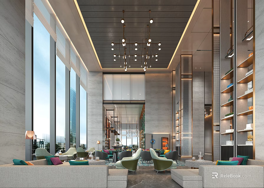 Spacious Modern Lobby Interior With Large Windows Chandelier Green Armchairs Sofas And Bookshelves 3d model 