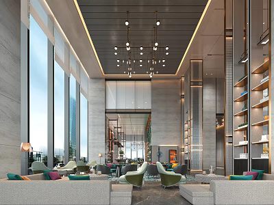 Spacious Modern Lobby Interior With Large Windows Chandelier Green Armchairs Sofas And Bookshelves 3d model