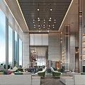 Spacious Modern Lobby Interior With Large Windows Chandelier Green Armchairs Sofas And Bookshelves