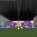 Modern Lounge Area Featuring Transparent Dome Tents Green Lawn White Spherical Decorations And Hanging Lights