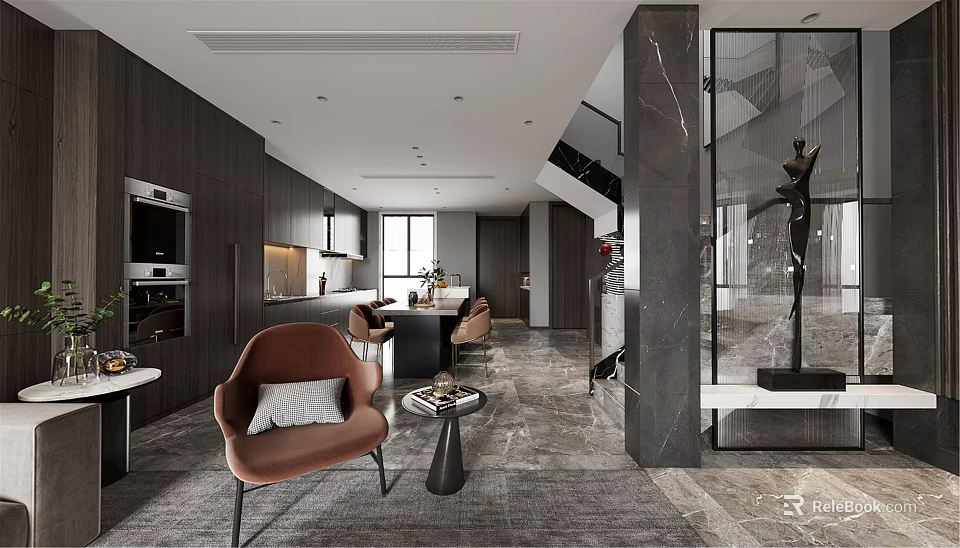 Modern Open Concept Living And Dining Room With Dark Wood And Marble Accents 3d model 