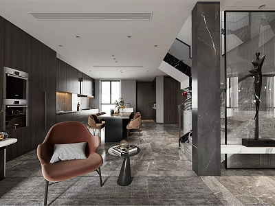 Modern Open Concept Living And Dining Room With Dark Wood And Marble Accents 3d model