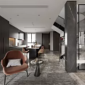 Modern Open Concept Living And Dining Room With Dark Wood And Marble Accents
