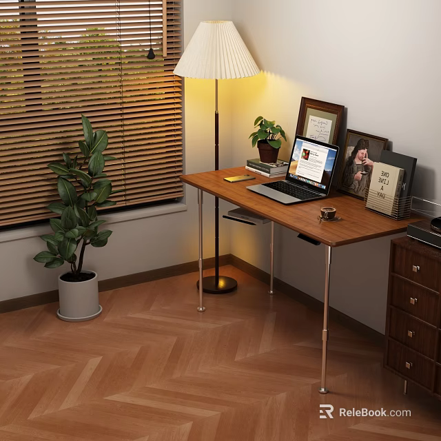 Decorative Ornament Set with Table Lamp Green Plant and Photo Frames on Wooden Desk 3d model 