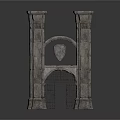 Medieval Stone Gate Structure With Two Pillars Shield Emblem And Iron Gate 3d model